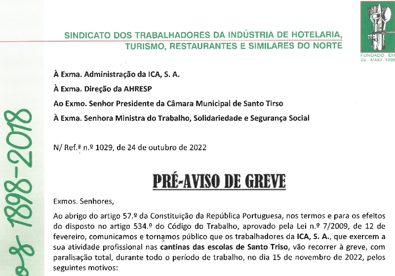 Trabalhadores da cantinas escolares de Santo Tirso em greve amanhã